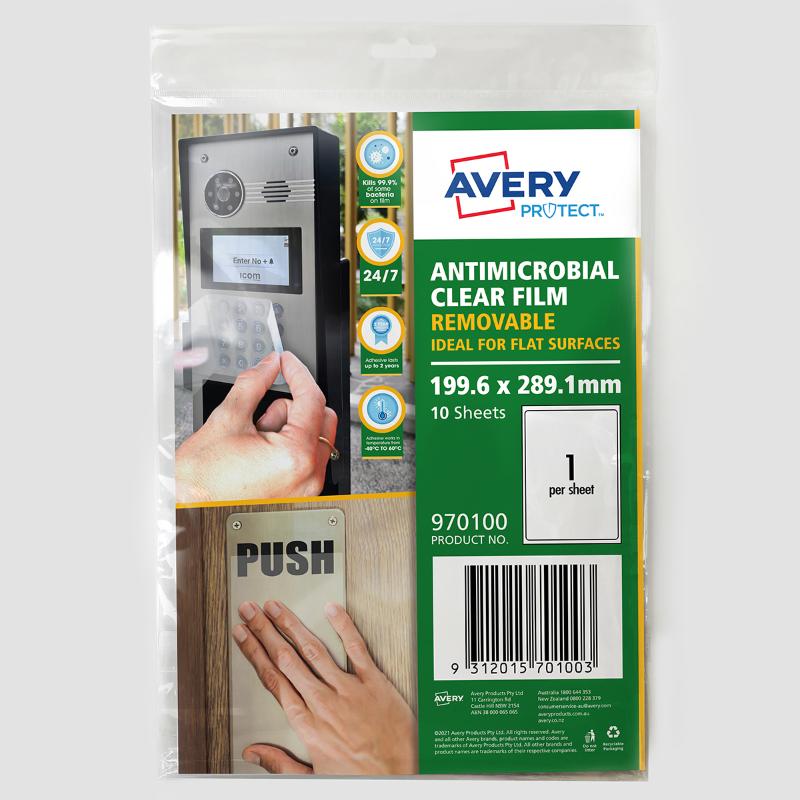 Avery Protect Anti-Microbial Film A4 sheets, 10 removable, durable, hygiene signage for safe workspace practices.