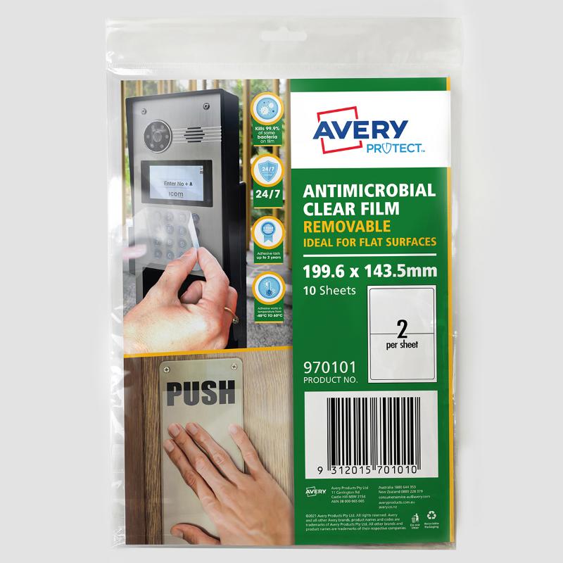 Avery Protect Anti-Microbial Film sheets for A4 surfaces, killing 99.9% of bacteria with a removable, water-proof design.