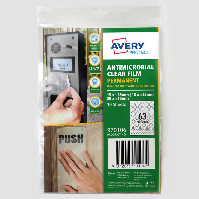 Avery Protect Anti-Microbial Film, A4 size with 63 labels, kills 99.9% of harmful bacteria, ideal for high-touch surfaces.