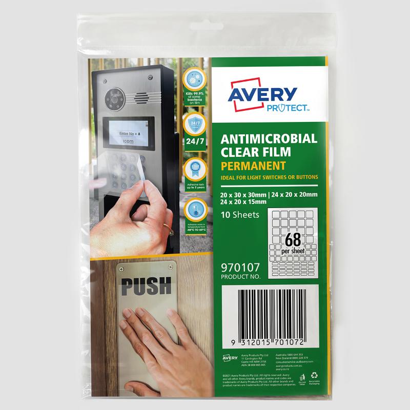 Avery Protect Anti-Microbial Film, transparent, self-adhesive for hygiene and durability, eliminates 99.9% of bacteria.
