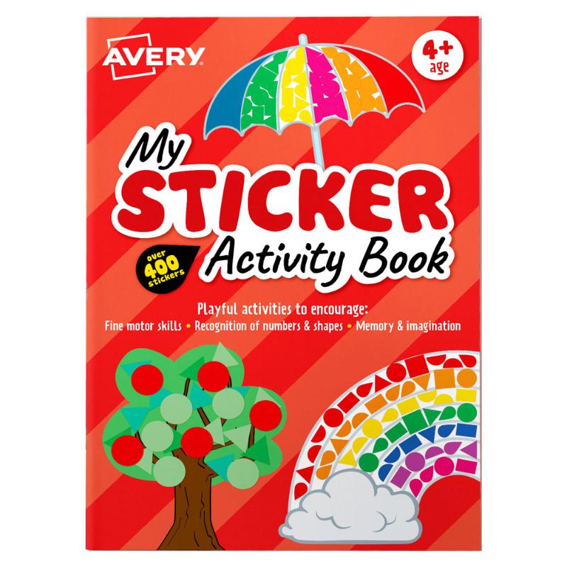 Avery Sticker Activity Book in red, 210x297mm, featuring 6 sheets and 400 stickers for creative fun and learning.