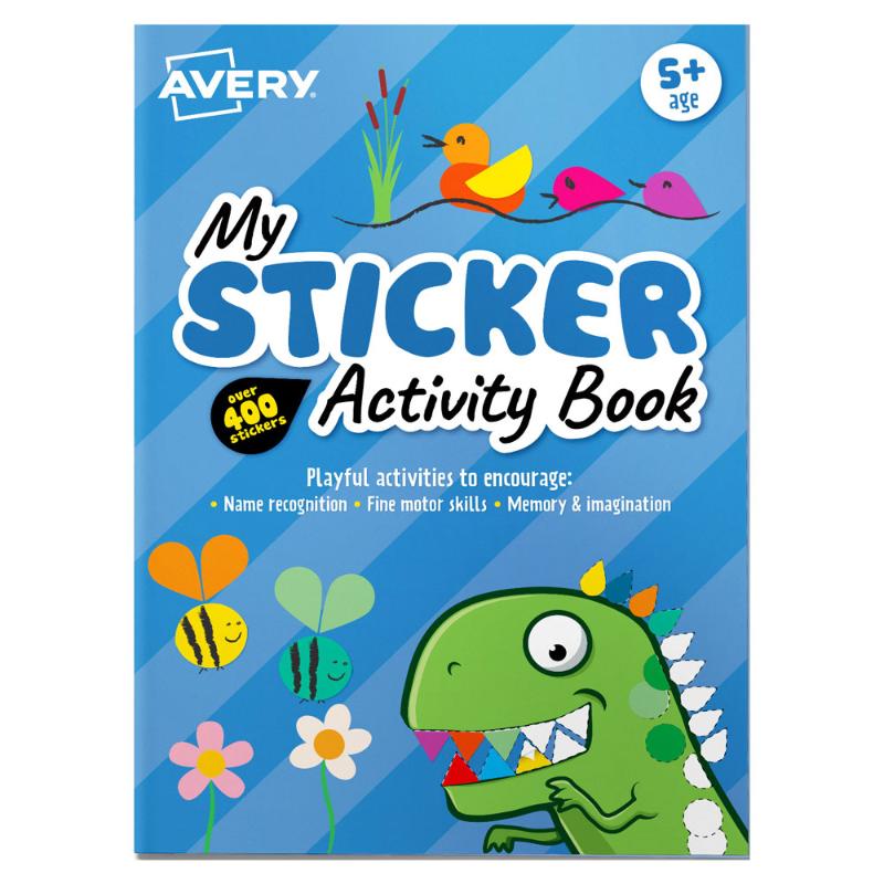 Avery Sticker Activity Book in blue with 6 sheets and 400+ stickers for creative learning and play for kids aged 5 and up.