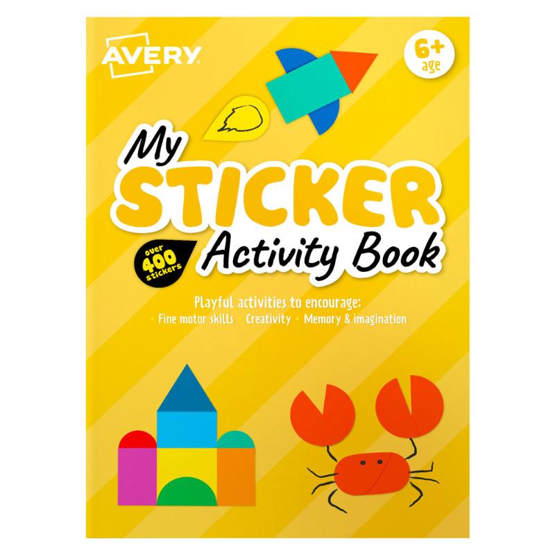 Avery Sticker Activity Book in yellow with 400 stickers, perfect for creative play and early learning activities for kids.
