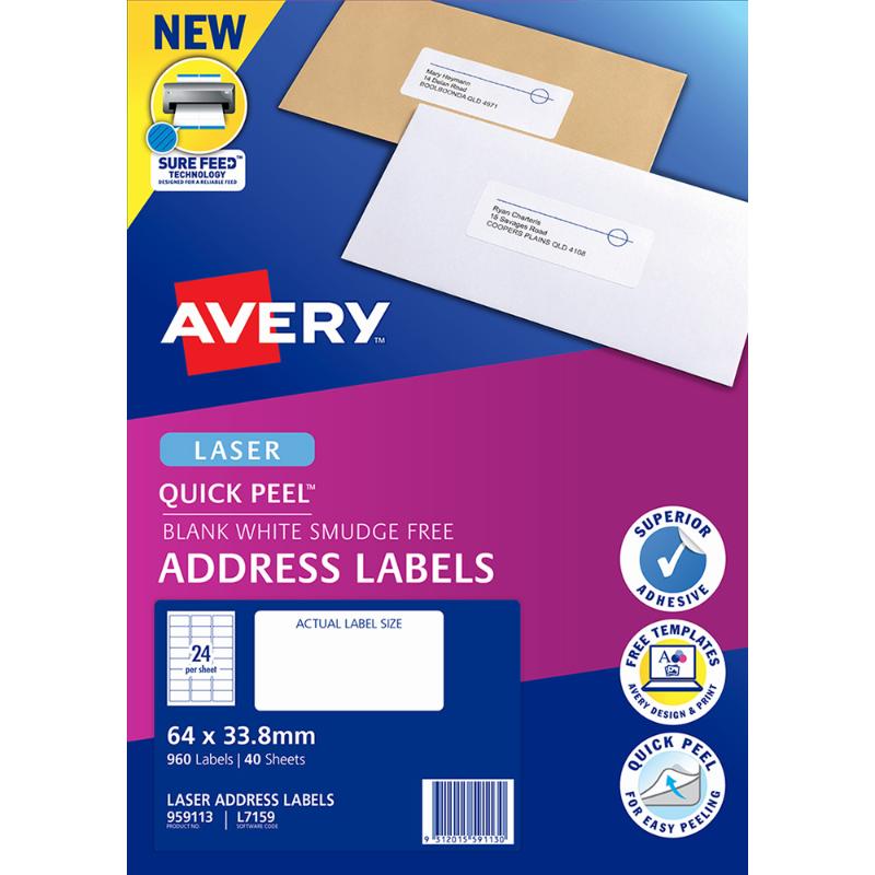 Avery Quick Peel Address Labels L7159, 960 white labels in 40 sheets for efficient mailing and easy customization.