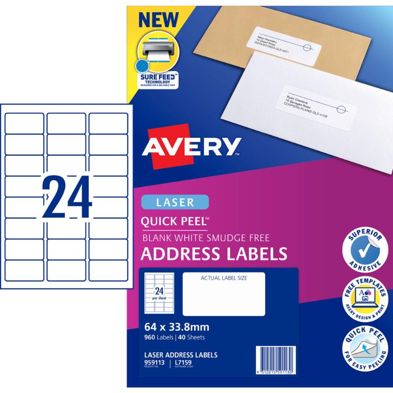Avery Quick Peel Address Labels L7159: 960 white self-adhesive labels, 64x33.8mm, efficient and easy to use for mailing.