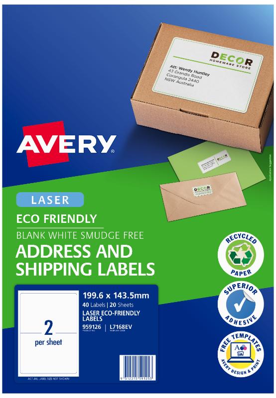 Eco-friendly Avery address labels on recycled paper, 199.1x143.5mm, 2 per sheet, 20 sheets for sustainable labeling.