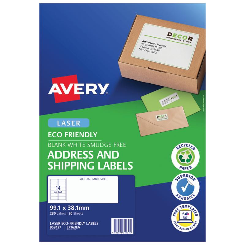 Eco-friendly Avery address labels, 99.1x38.1mm, made from 100% recycled paper, 14 labels per sheet, 20 sheets total.