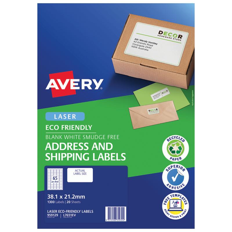 Avery Eco Friendly Address Labels, 38.1x21.2mm, made from 100% recycled paper for sustainable labeling.