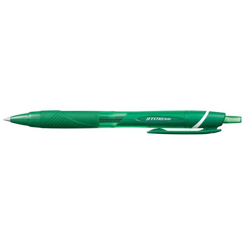 Uni Jetstream Sport Retractable pen in green with 0.7mm nib, featuring a rubberized grip for comfort and smooth ink flow.