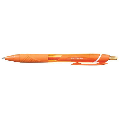 Vibrant orange Uni Jetstream Sport retractable pen with 0.7mm tip, featuring a rubberized barrel for a comfortable grip.
