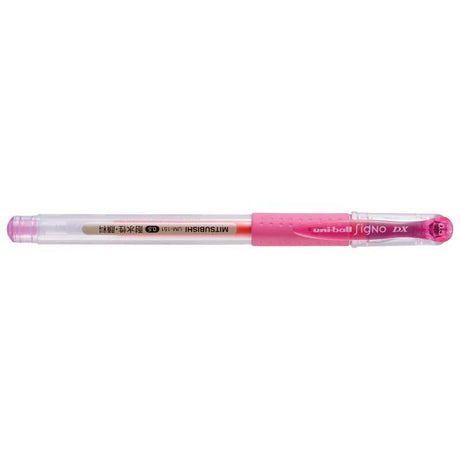 Uni-ball Signo DX 0.5mm rollerball pen in pink, featuring smooth gel ink for precise writing, ideal for arts and crafts.