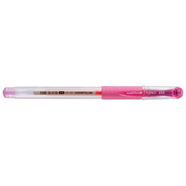 Uni-ball Signo DX 0.5mm rollerball pen in pink, featuring smooth gel ink for precise writing, ideal for arts and crafts.