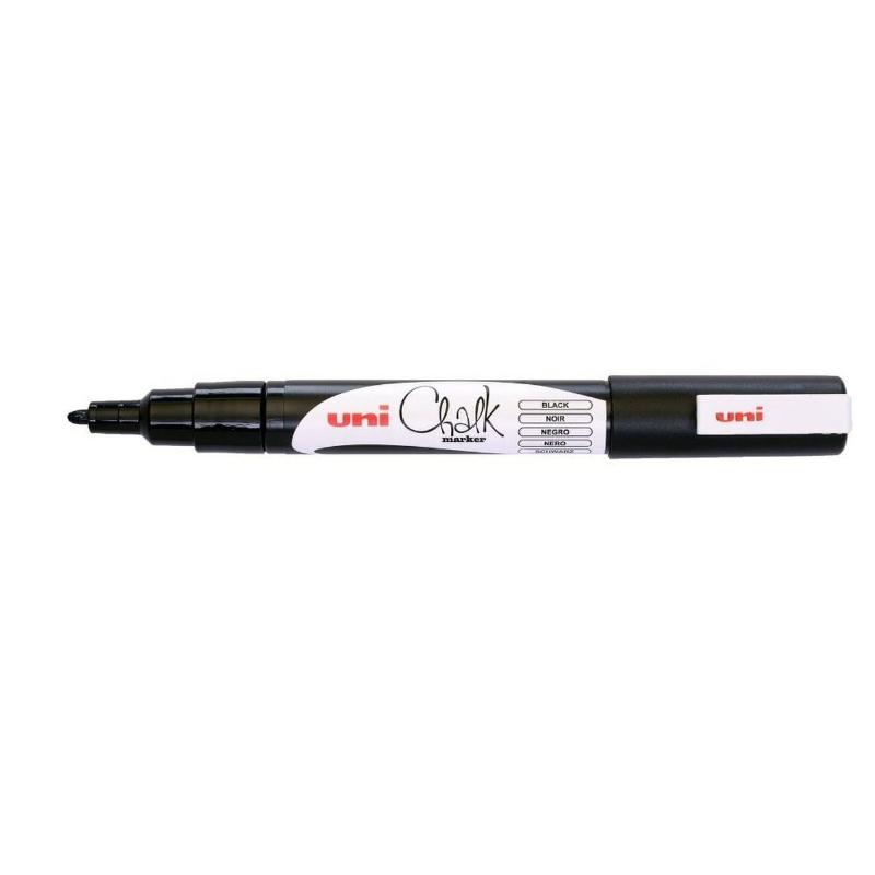 Uni Chalk Marker with black bullet tip for non-porous surfaces, ideal for crafting and decorating with vibrant, washable ink.