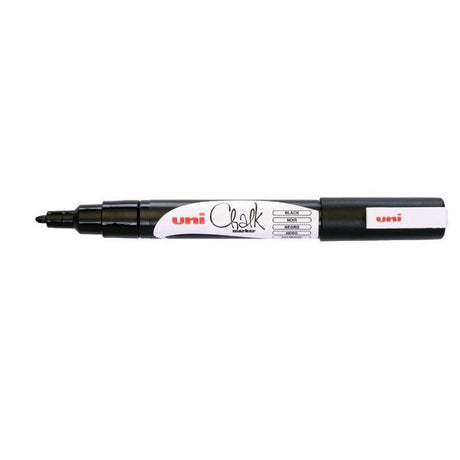 Uni Chalk Marker with black bullet tip for non-porous surfaces, ideal for crafting and decorating with vibrant, washable ink.