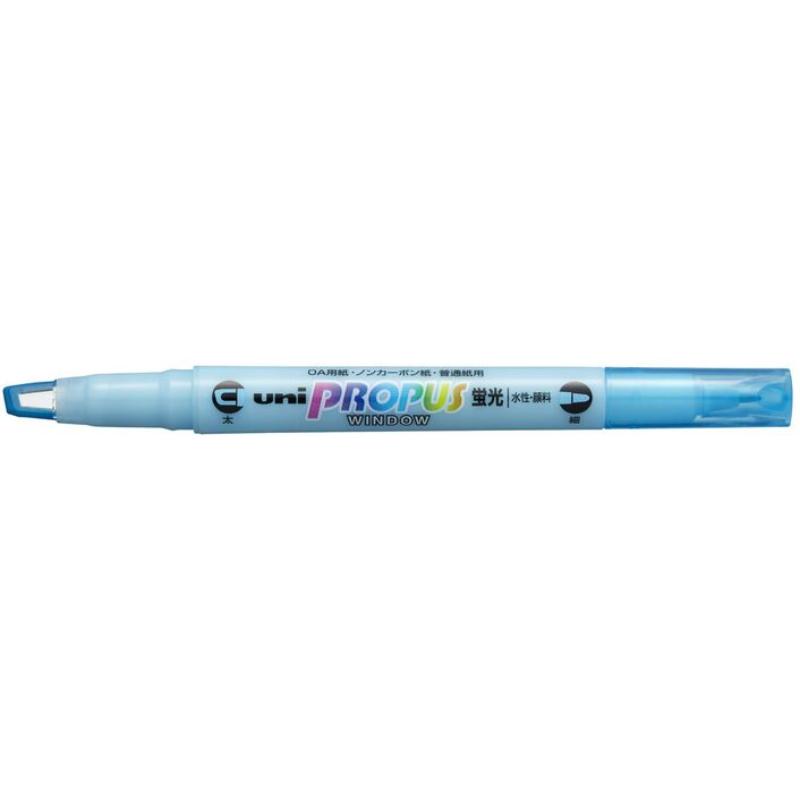 Light blue double-ended highlighter with 4.0mm and 0.6mm tips, featuring a transparent window for precise highlighting.