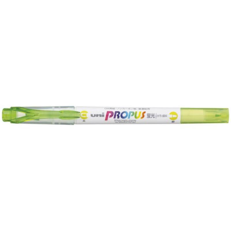 Uni Propus Window Double-Ended Highlighter in lime with 4.0mm and 0.6mm tips for precise highlighting.