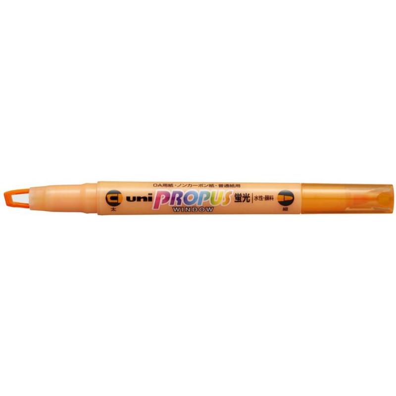Uni Propus Orange Double-Ended Highlighter with 4.0mm and 0.6mm tips for bold and fine highlighting, featuring a transparent window design.