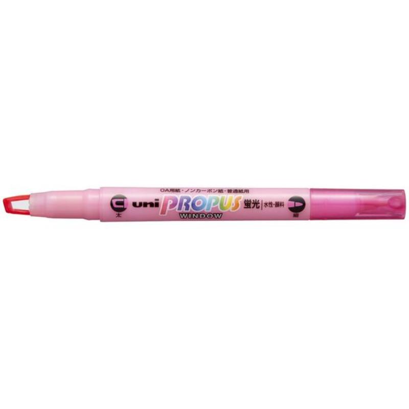 Uni Propus Window Double-Ended Highlighter in vibrant pink with 4.0mm chisel tip and 0.6mm fine tip for versatile highlighting.