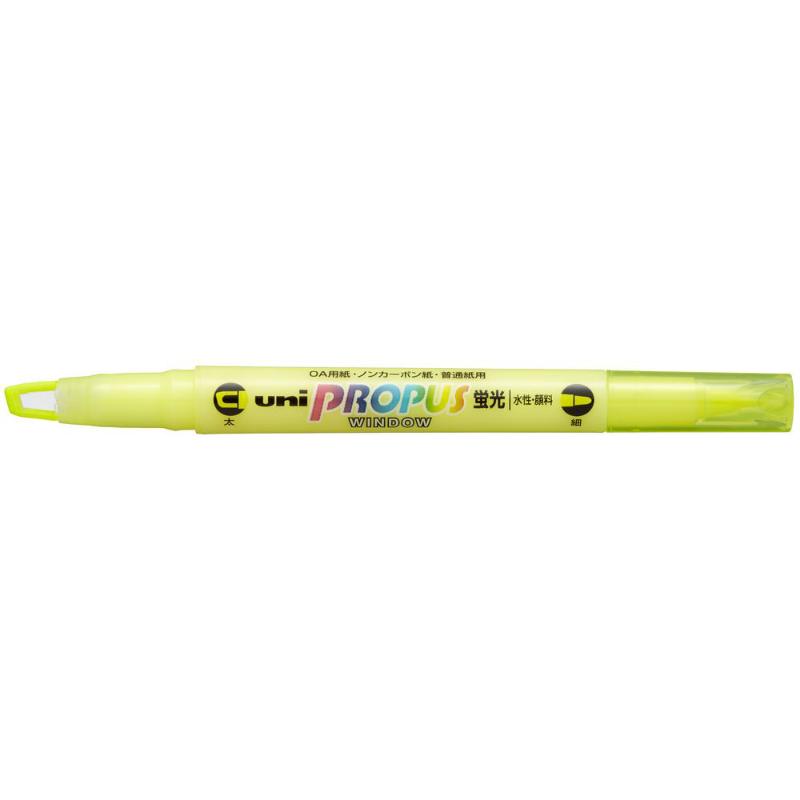 Uni Propus Window Double-Ended Highlighter in yellow, featuring 4.0mm and 0.6mm tips for bold and precise highlighting.