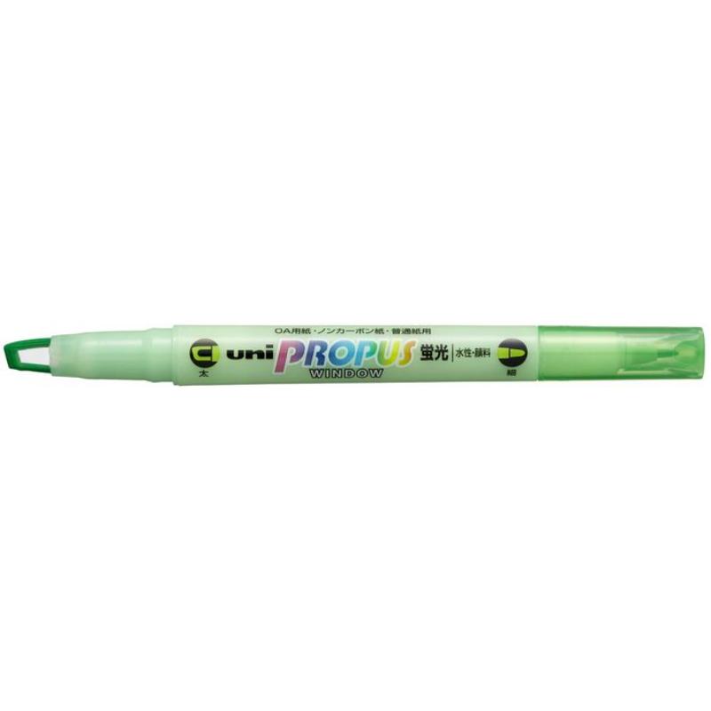 Uni Propus Window Double-Ended Highlighter in green with 4.0mm chisel and 0.6mm fine tips for precise highlighting.