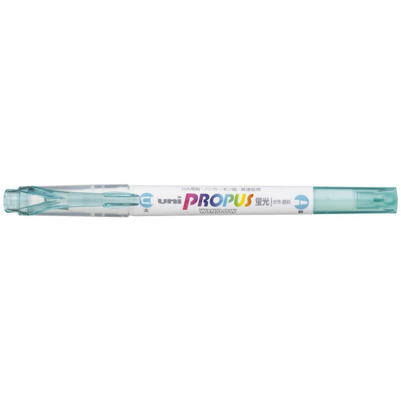 Aqua double-ended highlighter with 4.0mm and 0.6mm tips, featuring a transparent window for precise highlighting.