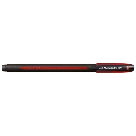 Uni Jetstream 101 Red Rollerball Pen with 0.7mm nib, quick-drying ink, ergonomic design for comfortable writing.