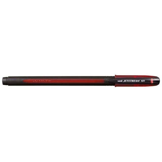 Uni Jetstream 101 Red Rollerball Pen with 0.7mm nib, quick-drying ink, ergonomic design for comfortable writing.