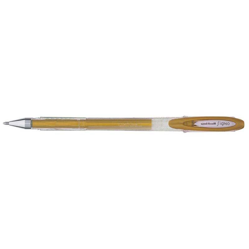 Uni-ball Signo Fine 0.7mm pen in fine gold, featuring waterproof pigment ink and a smooth 0.7mm nib for precise writing.