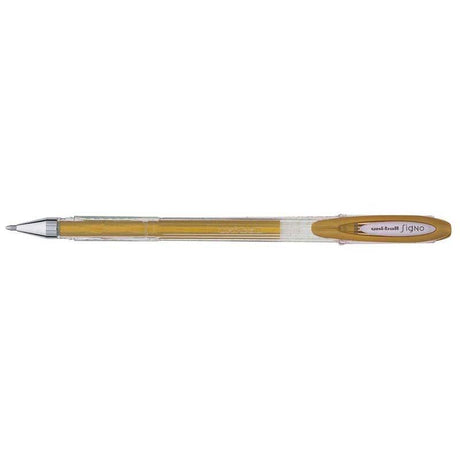 Uni-ball Signo Fine 0.7mm pen in fine gold, featuring waterproof pigment ink and a smooth 0.7mm nib for precise writing.