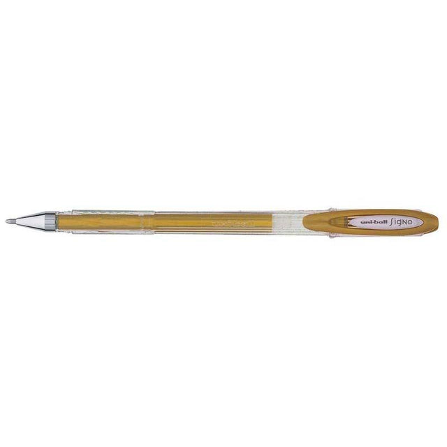 Uni-ball Signo Fine 0.7mm pen in fine gold, featuring waterproof pigment ink and a smooth 0.7mm nib for precise writing.