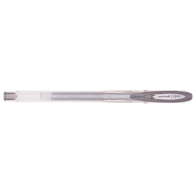 Uni-ball Signo Fine 0.7mm gel pen in silver, ideal for smooth writing and artistic projects with waterproof ink.