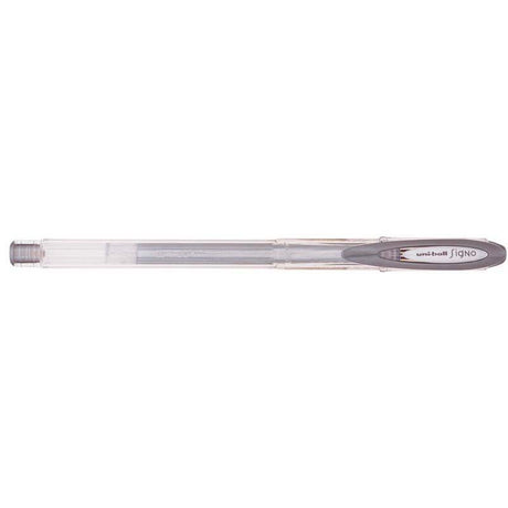 Uni-ball Signo Fine 0.7mm gel pen in silver, ideal for smooth writing and artistic projects with waterproof ink.