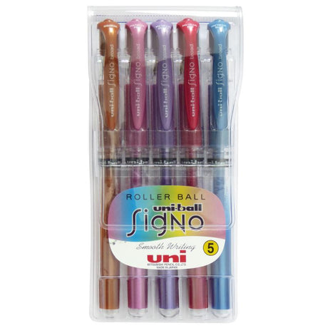 Pack of 5 Uni-ball Signo Broad Metallic Gel Pens with 1.0mm nibs, perfect for vibrant, waterproof writing on various papers.