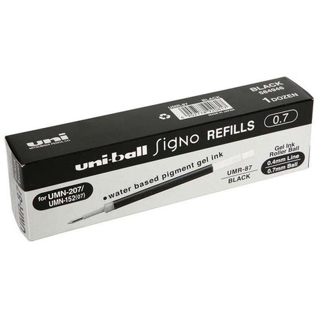 Uni-ball Signo refill cartridge UMR-87 with 0.7mm black ink for smooth, consistent writing in various pens.