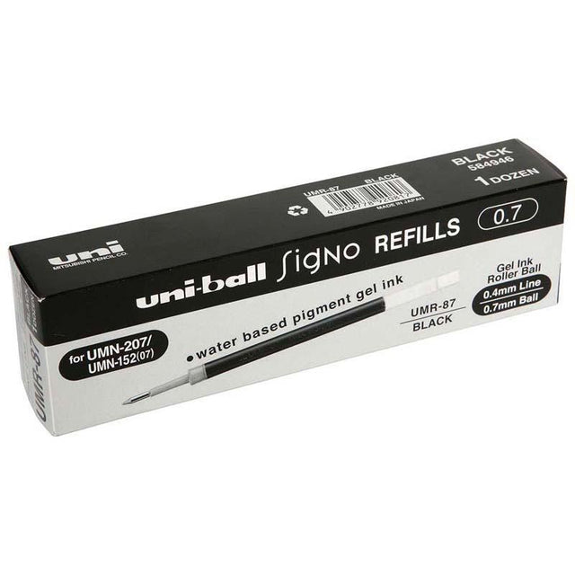 Uni-ball Signo refill cartridge UMR-87 with 0.7mm black ink for smooth, consistent writing in various pens.