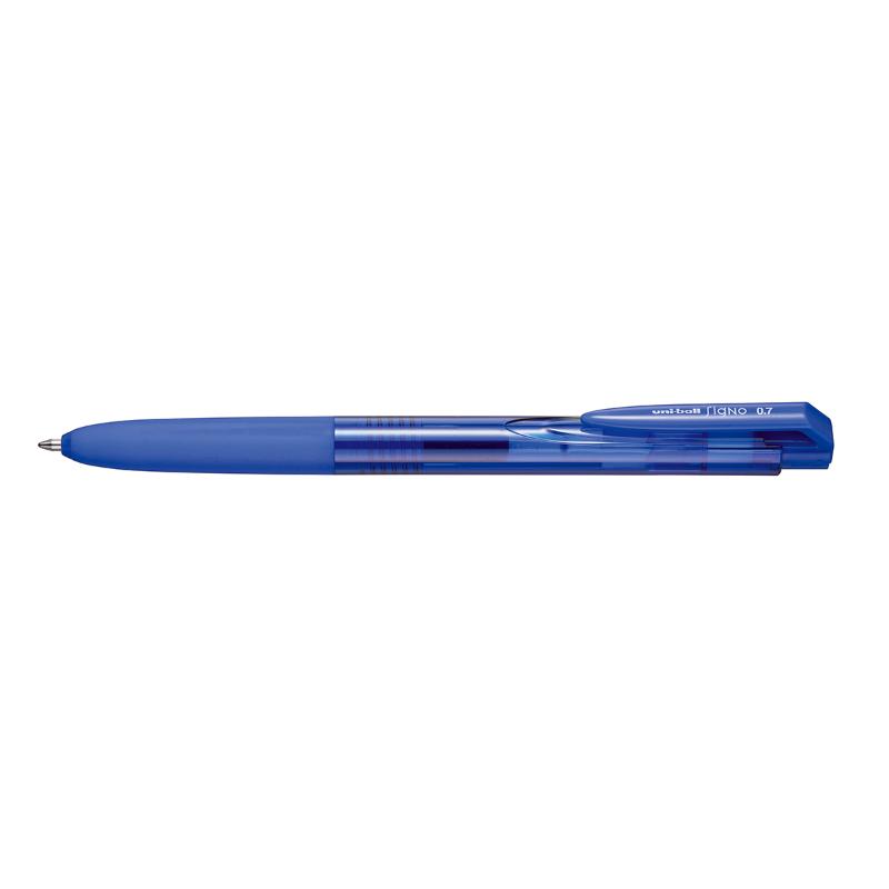 Uni Signo RT1 0.7mm retractable blue pen with ergonomic grip and smooth gel ink for precise writing and minimal fatigue.