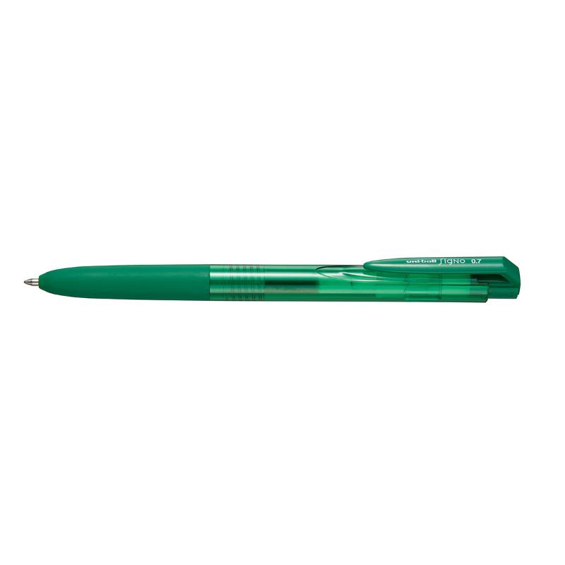 Uni Signo RT1 0.7mm Retractable Green Pen for precision writing, featuring a smooth gel ink and ergonomic grip.