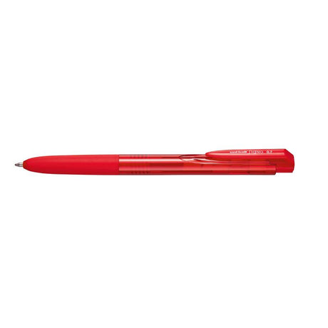 Uni Signo RT1 0.7mm Retractable Red pen with ultra-fine nib, rubber grip, and vibrant gel ink for smooth writing.