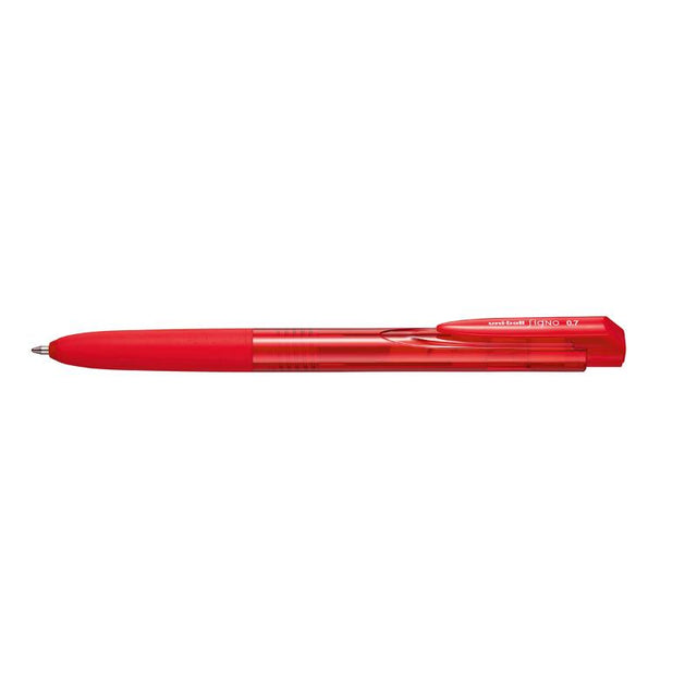 Uni Signo RT1 0.7mm Retractable Red pen with ultra-fine nib, rubber grip, and vibrant gel ink for smooth writing.