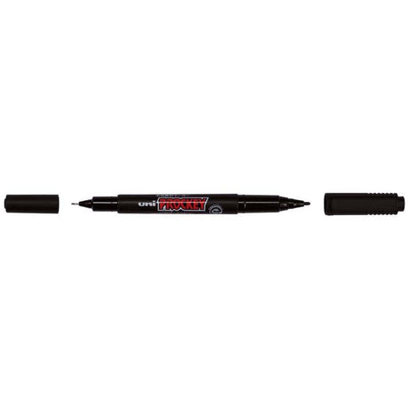 Uni Prockey Marker Dual Tip in Black, featuring 0.4mm for details and 0.9mm for bold strokes, waterproof and fade-proof.
