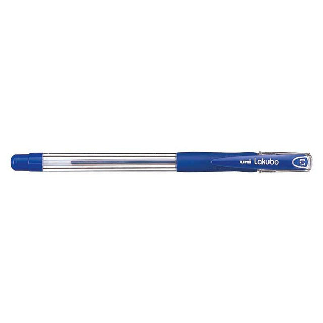 Stylish blue Uni Lakubo capped ballpoint pen with 0.7mm nib and rubber grip for comfortable, seamless writing.