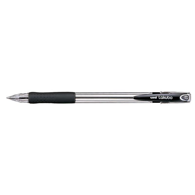 Uni Lakubo Capped Ballpoint 0.7mm Black pen with ergonomic grip and 'Free Flow' ink for smooth writing.