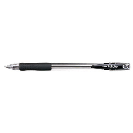 Uni Lakubo Capped Ballpoint 0.7mm Black pen with ergonomic grip and 'Free Flow' ink for smooth writing.