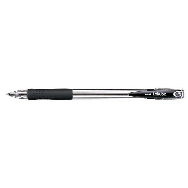 Uni Lakubo Capped Ballpoint 0.7mm Black pen with ergonomic grip and 'Free Flow' ink for smooth writing.
