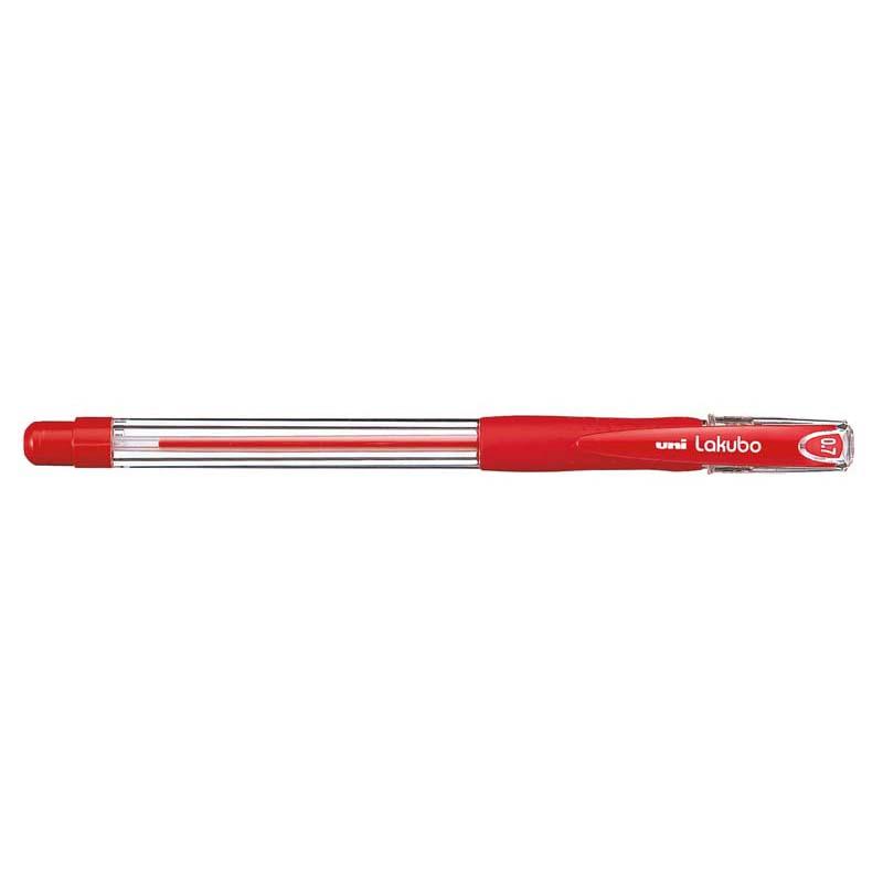Uni Lakubo Capped Ballpoint 0.7mm pen in red with rubber grip for comfort and smooth 'Free Flow' ink technology.