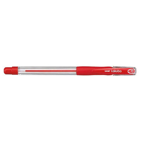 Uni Lakubo Capped Ballpoint 0.7mm pen in red with rubber grip for comfort and smooth 'Free Flow' ink technology.