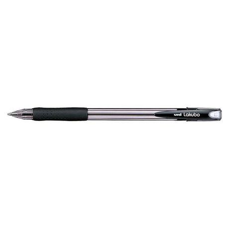 Uni Lakubo Capped Ballpoint pen in black, featuring 1.0mm nib, ergonomic grip, and advanced ink flow for smooth writing.
