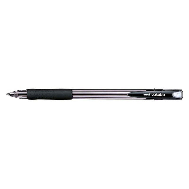 Uni Lakubo Capped Ballpoint pen in black, featuring 1.0mm nib, ergonomic grip, and advanced ink flow for smooth writing.