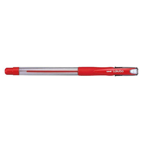 Uni Lakubo Capped Ballpoint Pen in red, 1.0mm nib for smooth writing, featuring a comfortable rubber grip.