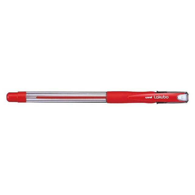 Uni Lakubo Capped Ballpoint Pen in red, 1.0mm nib for smooth writing, featuring a comfortable rubber grip.
